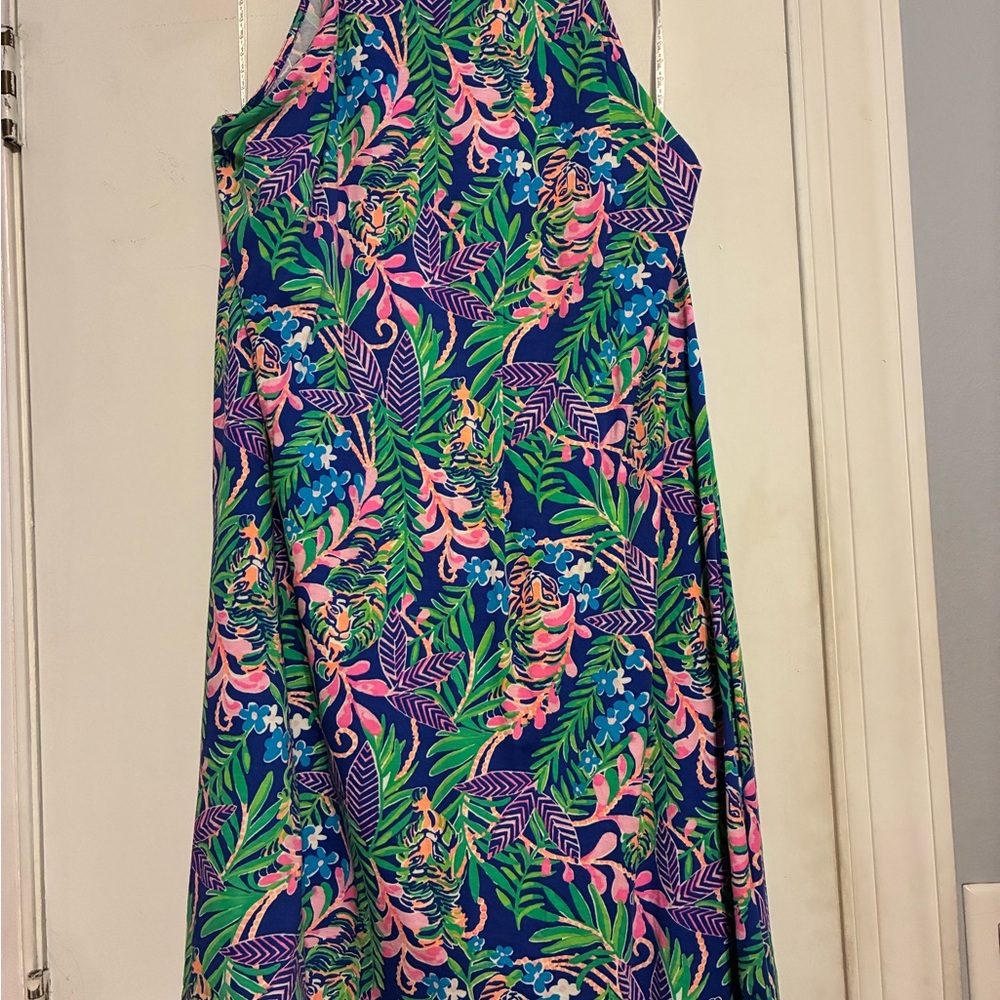 Lilly Pulitzer Blue Tropical Floral Halter Dress with Pink and Green Accents